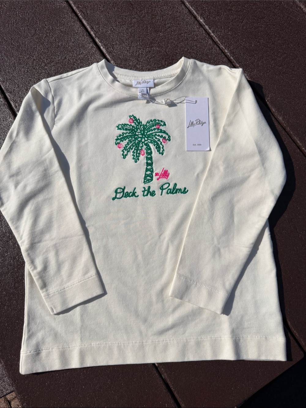 Lilly Pulitzer Deck The Halls Cream Sweatshirt Green Palm and Pink Accents